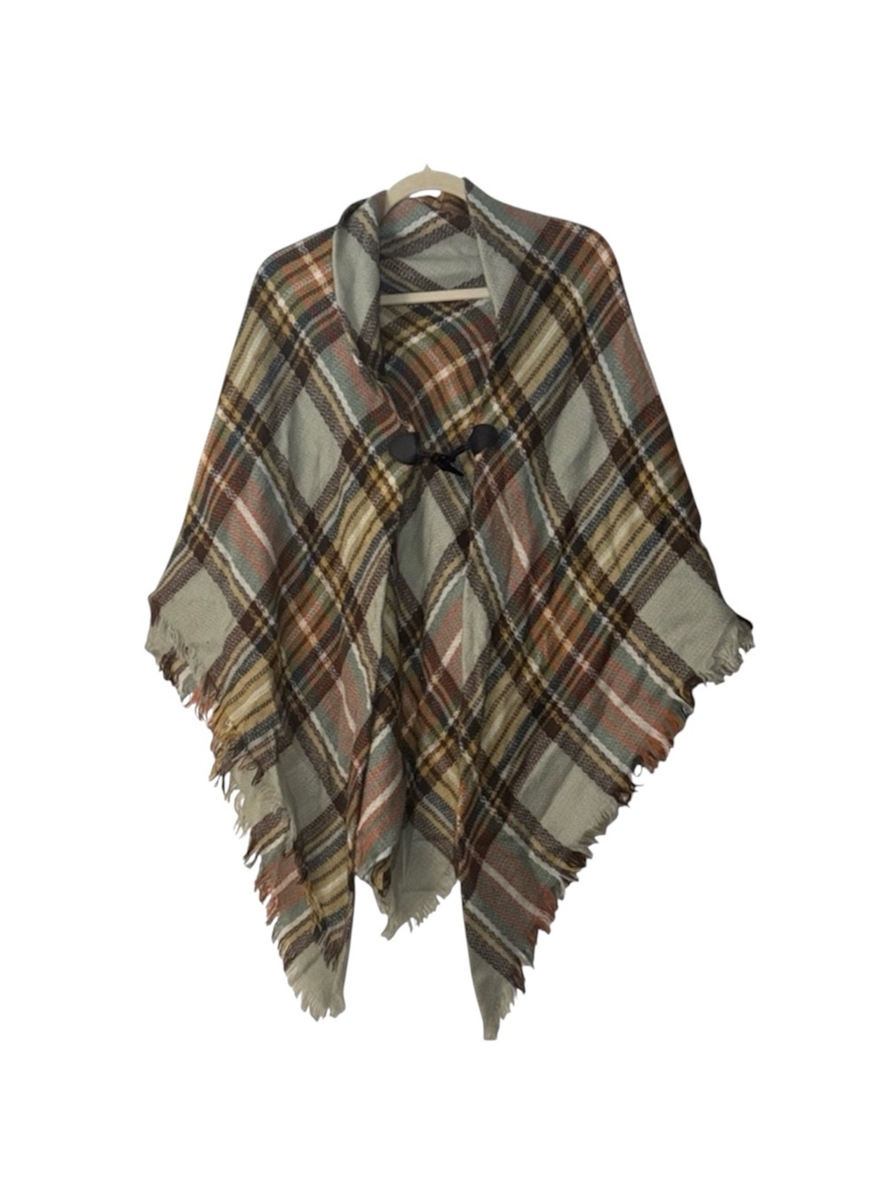 Wrap Poncho Cape Womens OS Tartan Plaid Toggle Fringe Cozy Soft